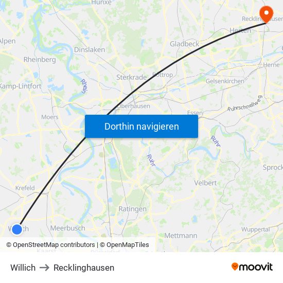 Willich to Recklinghausen map