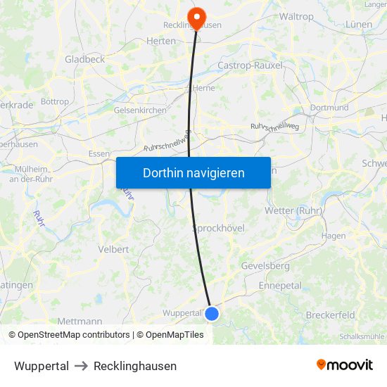 Wuppertal to Recklinghausen map