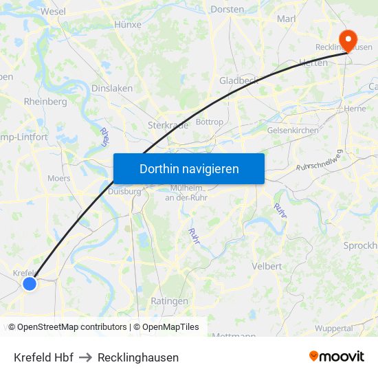 Krefeld Hbf to Recklinghausen map