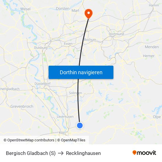 Bergisch Gladbach (S) to Recklinghausen map