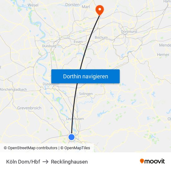 Köln Dom/Hbf to Recklinghausen map