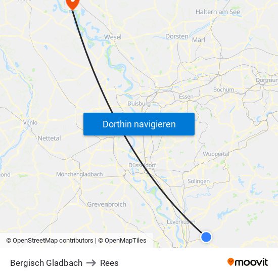 Bergisch Gladbach to Rees map