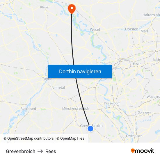 Grevenbroich to Rees map