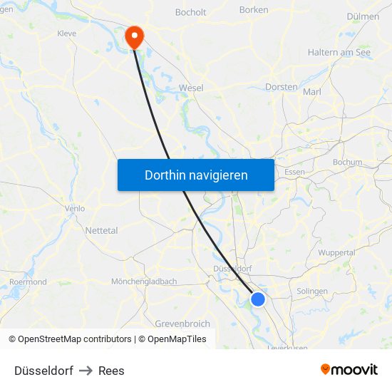 Düsseldorf to Rees map