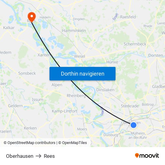 Oberhausen to Rees map