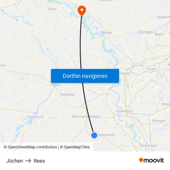 Jüchen to Rees map