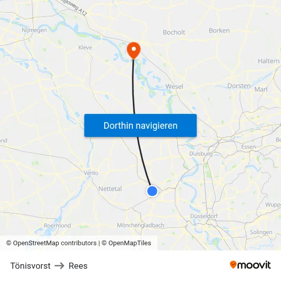 Tönisvorst to Rees map