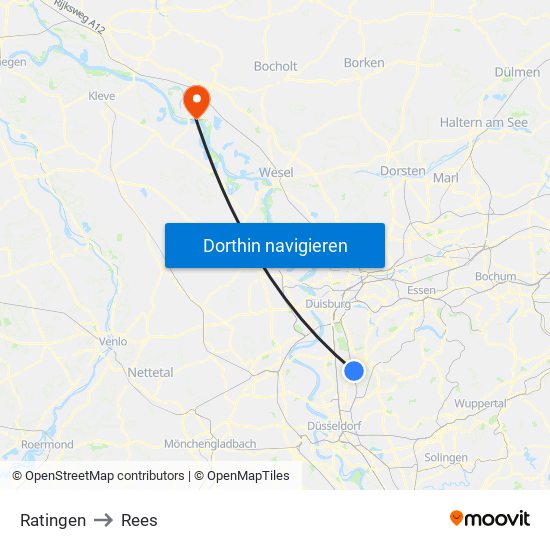 Ratingen to Rees map