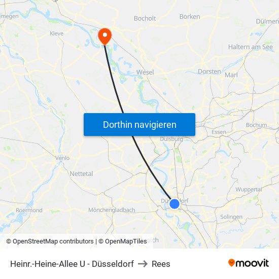 Heinr.-Heine-Allee U - Düsseldorf to Rees map