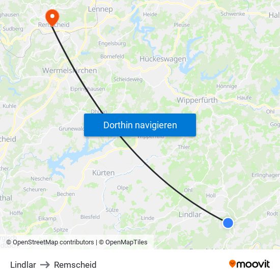 Lindlar to Remscheid map