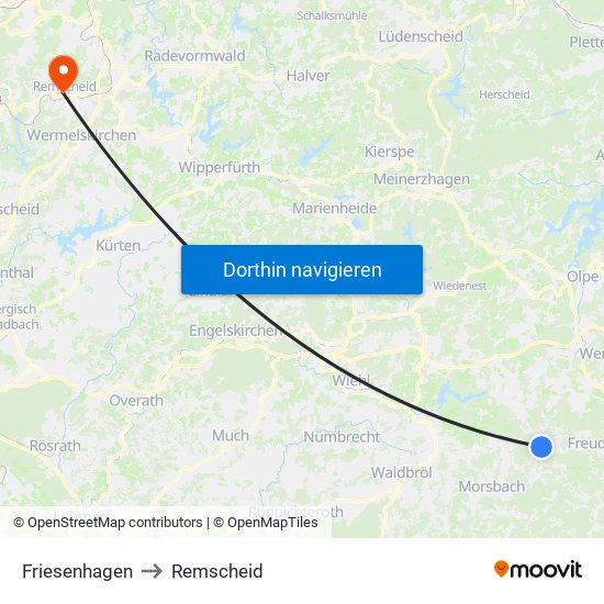 Friesenhagen to Remscheid map