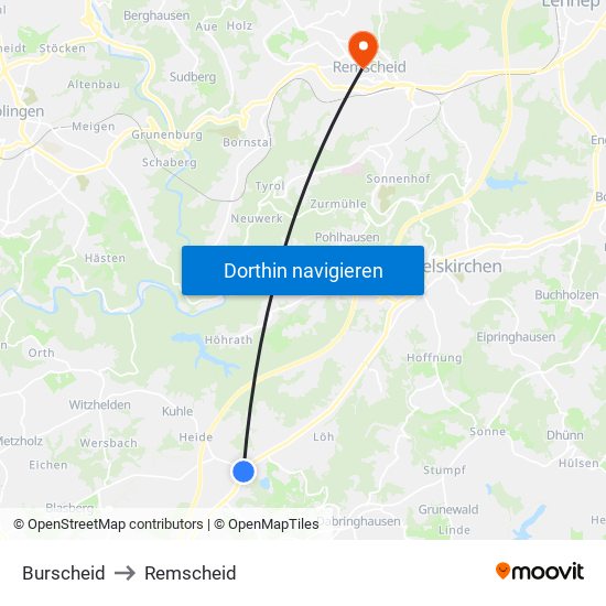 Burscheid to Remscheid map