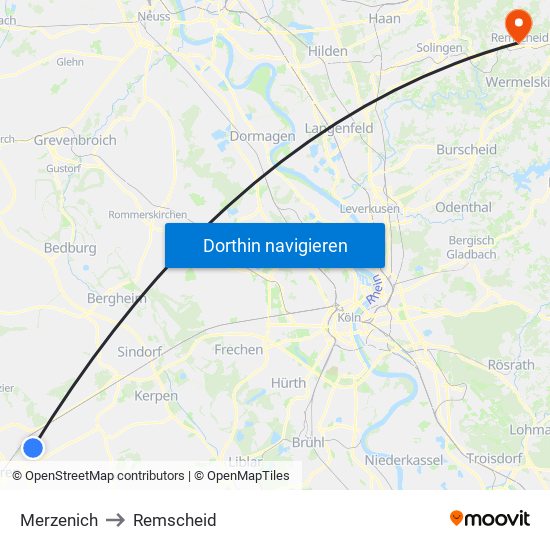 Merzenich to Remscheid map