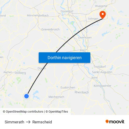 Simmerath to Remscheid map