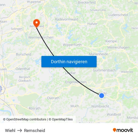 Wiehl to Remscheid map