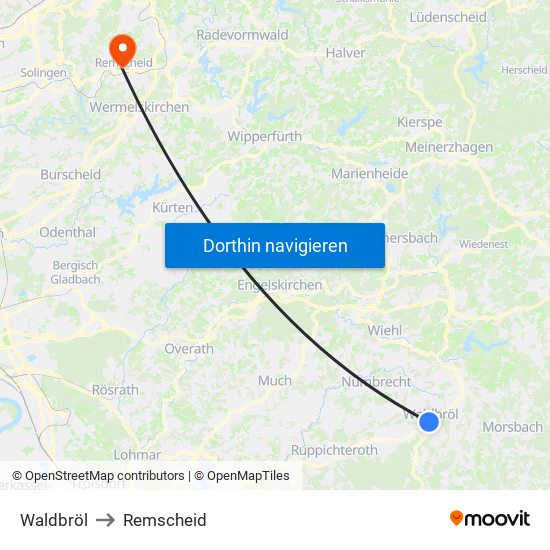 Waldbröl to Remscheid map