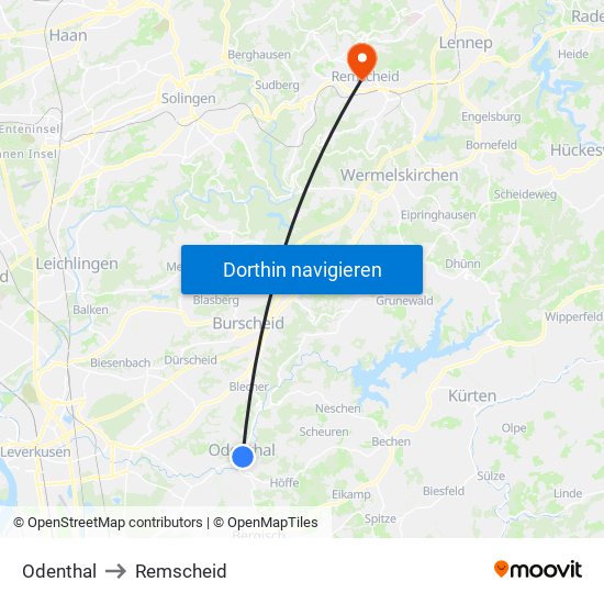 Odenthal to Remscheid map