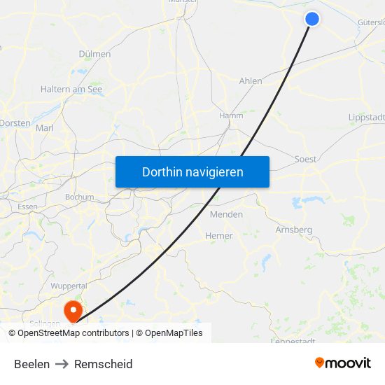 Beelen to Remscheid map