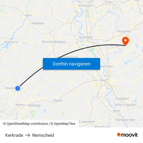 Kerkrade to Remscheid map