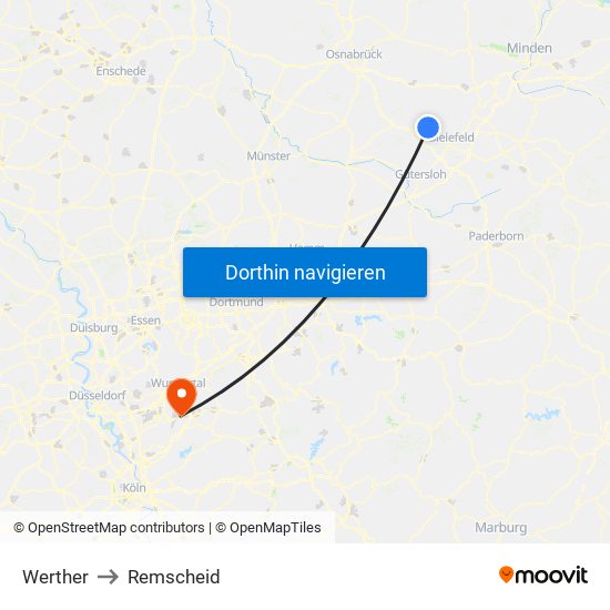 Werther to Remscheid map