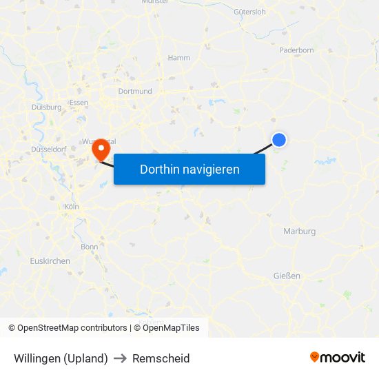 Willingen (Upland) to Remscheid map