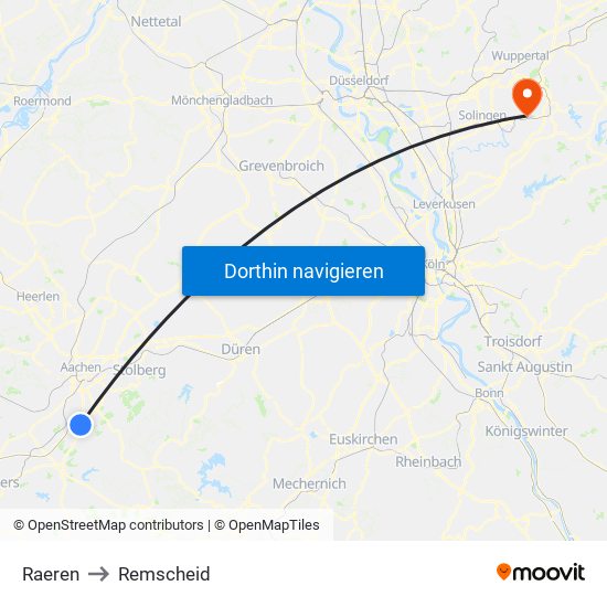 Raeren to Remscheid map