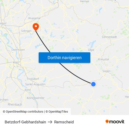 Betzdorf-Gebhardshain to Remscheid map