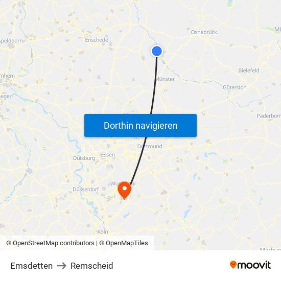 Emsdetten to Remscheid map