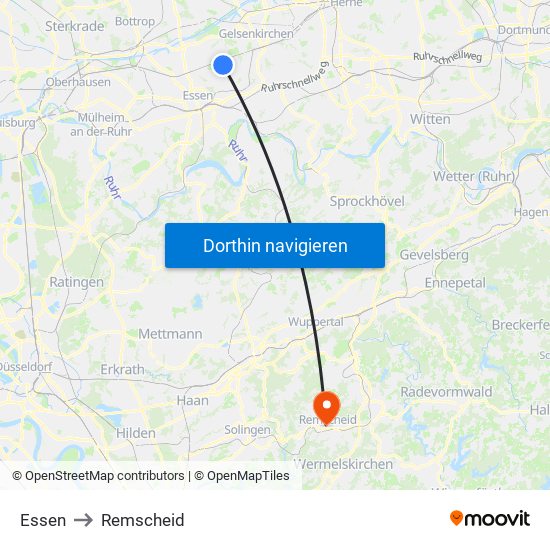 Essen to Remscheid map