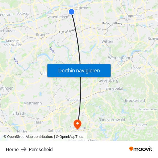 Herne to Remscheid map