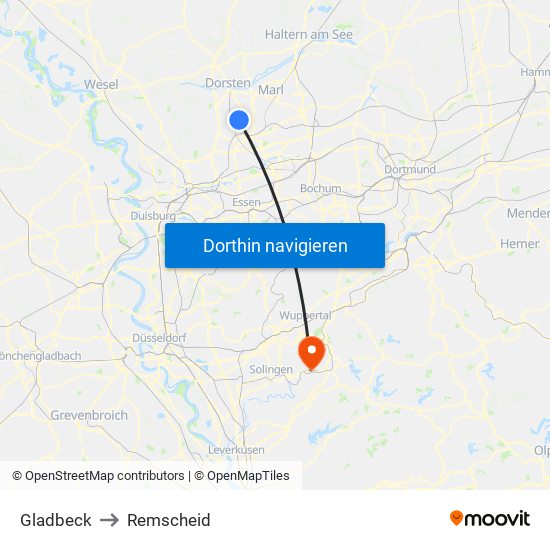 Gladbeck to Remscheid map
