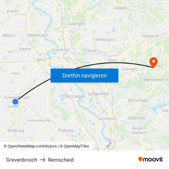 Grevenbroich to Remscheid map