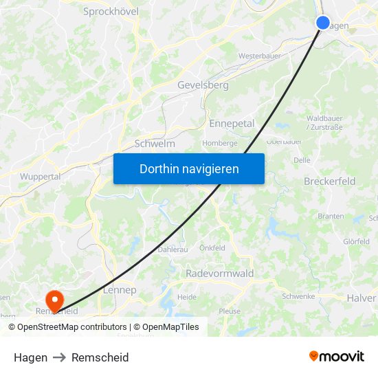 Hagen to Remscheid map