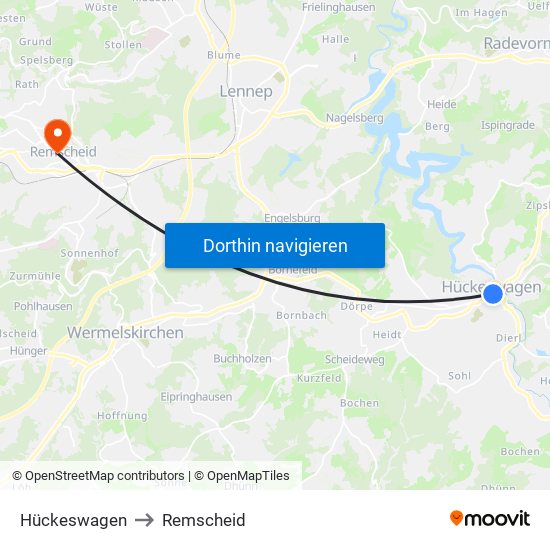 Hückeswagen to Remscheid map