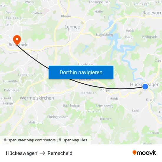 Hückeswagen to Remscheid map