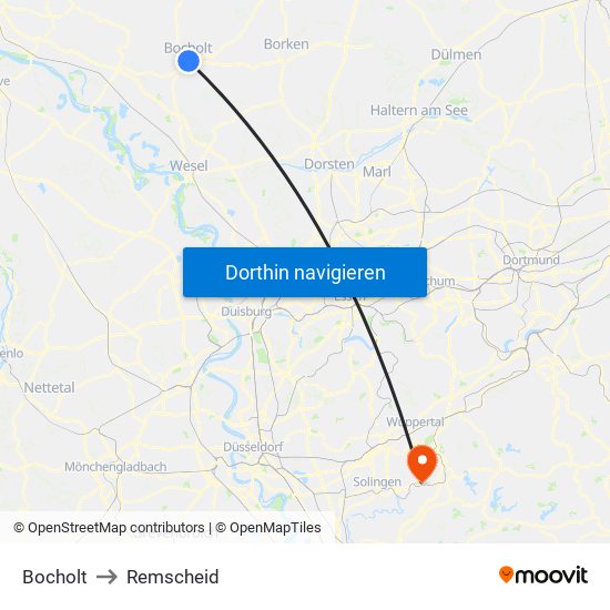 Bocholt to Remscheid map