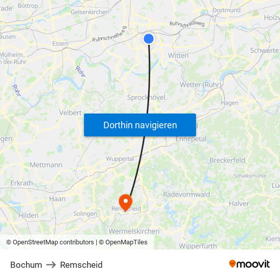 Bochum to Remscheid map