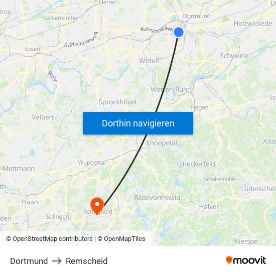 Dortmund to Remscheid map