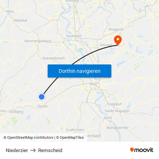 Niederzier to Remscheid map