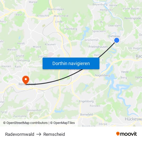 Radevormwald to Remscheid map