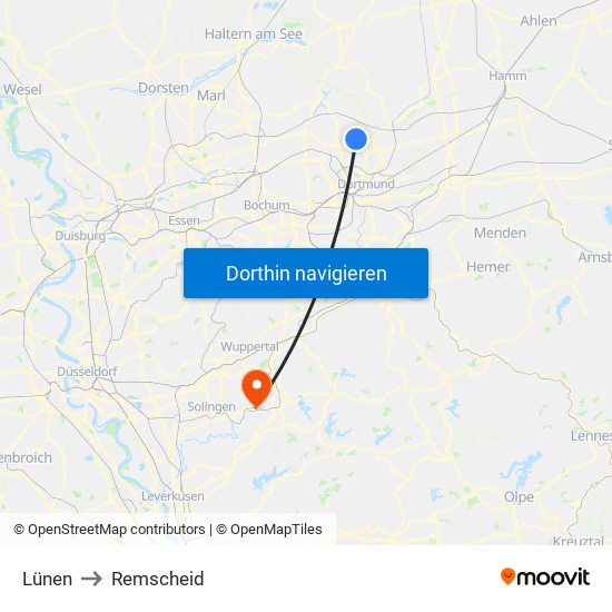 Lünen to Remscheid map