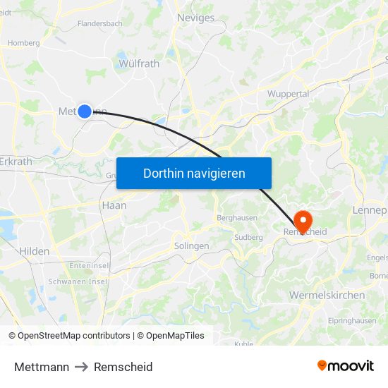 Mettmann to Remscheid map