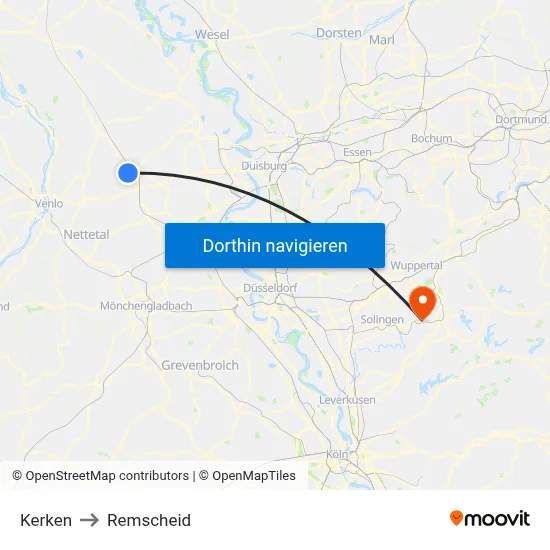 Kerken to Remscheid map