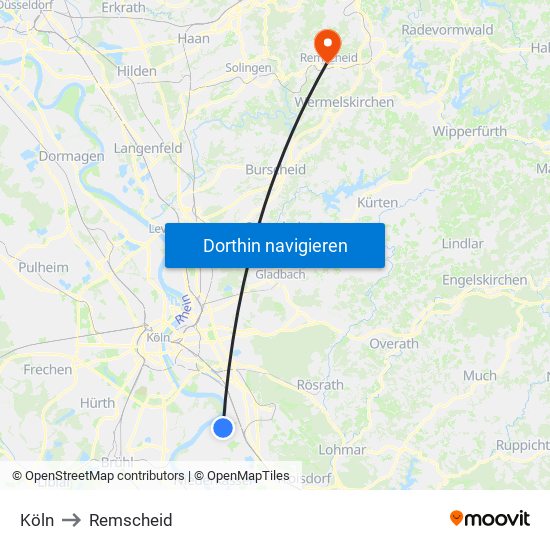 Köln to Remscheid map