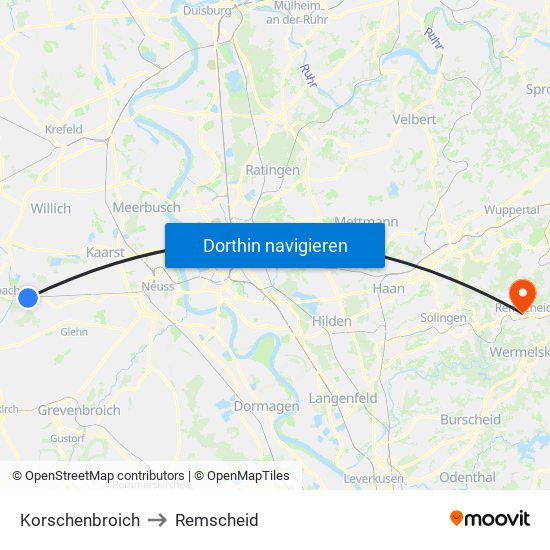 Korschenbroich to Remscheid map