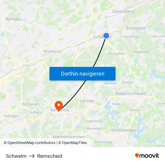 Schwelm to Remscheid map