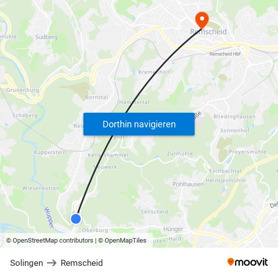 Solingen to Remscheid map