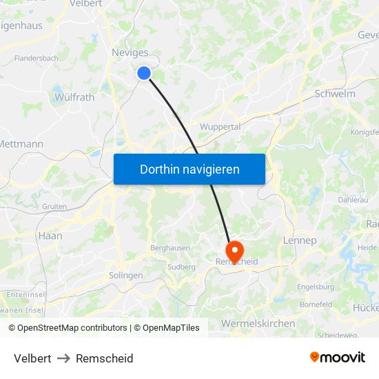 Velbert to Remscheid map