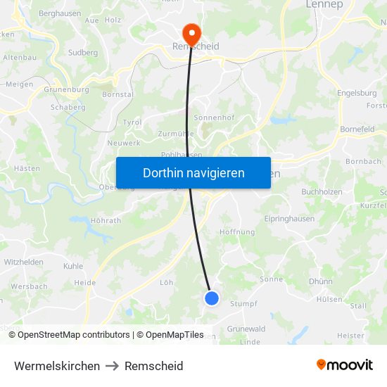 Wermelskirchen to Remscheid map