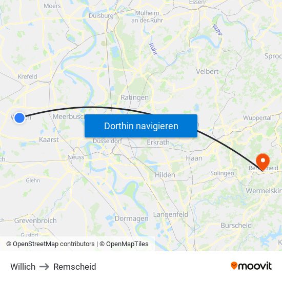 Willich to Remscheid map